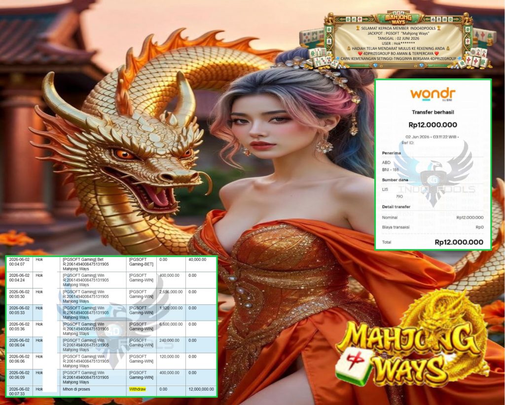 INDO4DPOOLS JACKPOT PGSOFT “Mahjong Ways” 12,000,000,- LUNAS