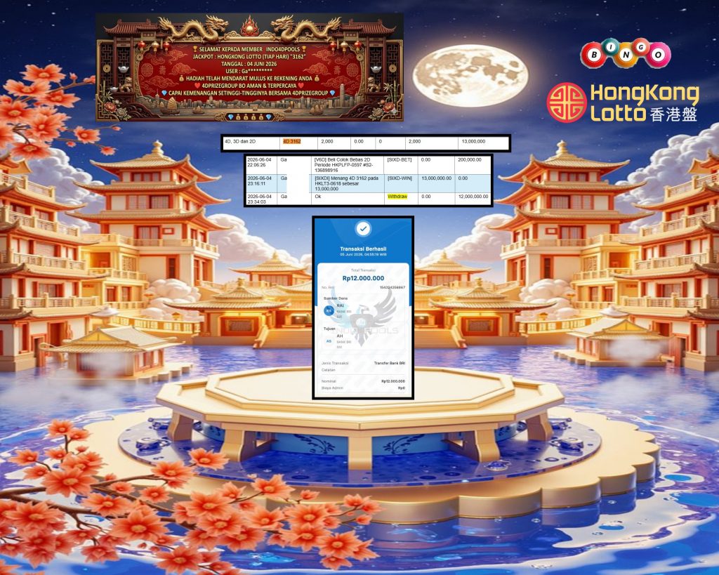 INDO4DPOOLS JACKPOT HONGKONG LOTTO (TIAP HARI) “3162” Rp15.000.000,- LUNAS