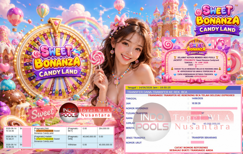 INDO-POOLS JACKPOT PRAGMATIC “Sweet Bonanza CandyLand” Rp40.000.000,- LUNAS