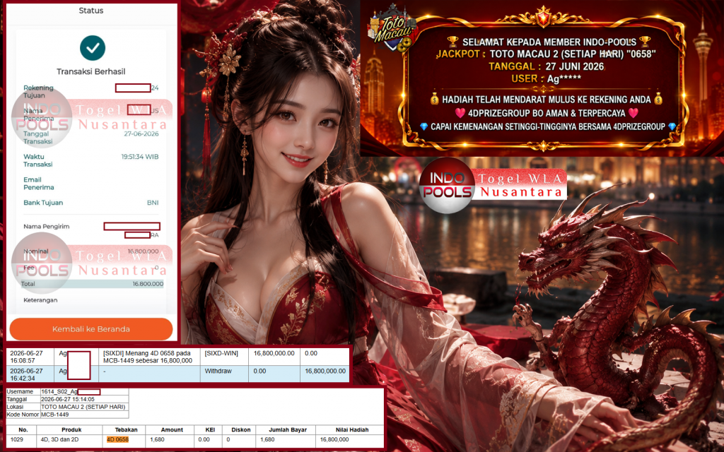 INDO-POOLS JACKPOT TOTO MACAU 2 (SETIAP HARI) “0658”‎‏‏‎ Rp16.800.000,- LUNAS