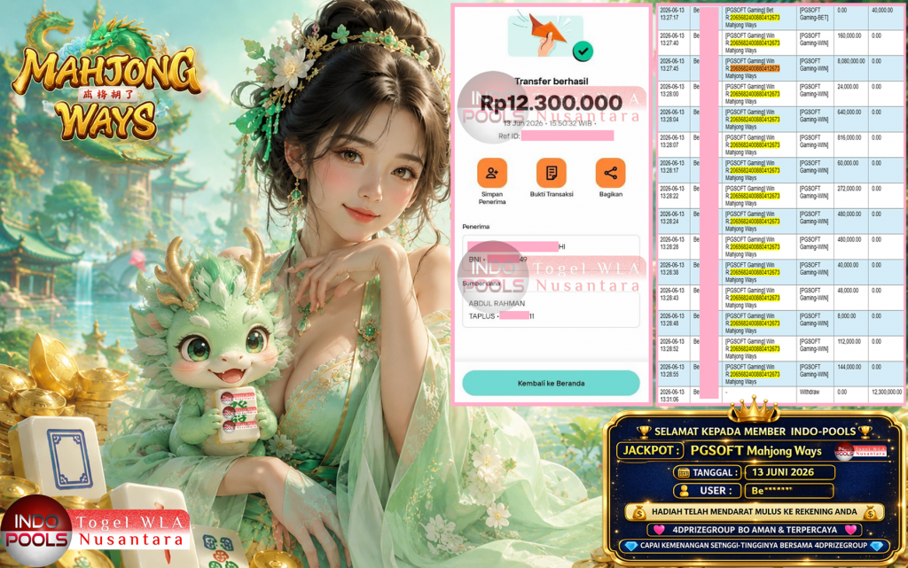 INDO-POOLS JACKPOT PGSOFT “Mahjong Ways” Rp12.300.000,- LUNAS