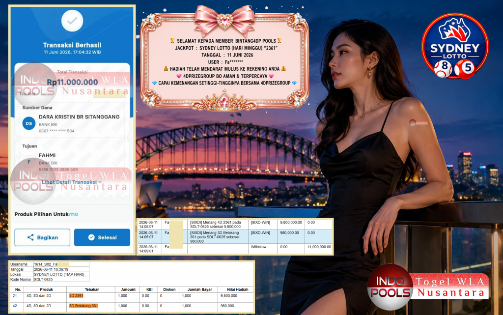 INDO-POOLS JACKPOT SYDNEY LOTTO (TIAP HARI) “2361”‎‏‏‎ Rp11.000.000,- LUNAS