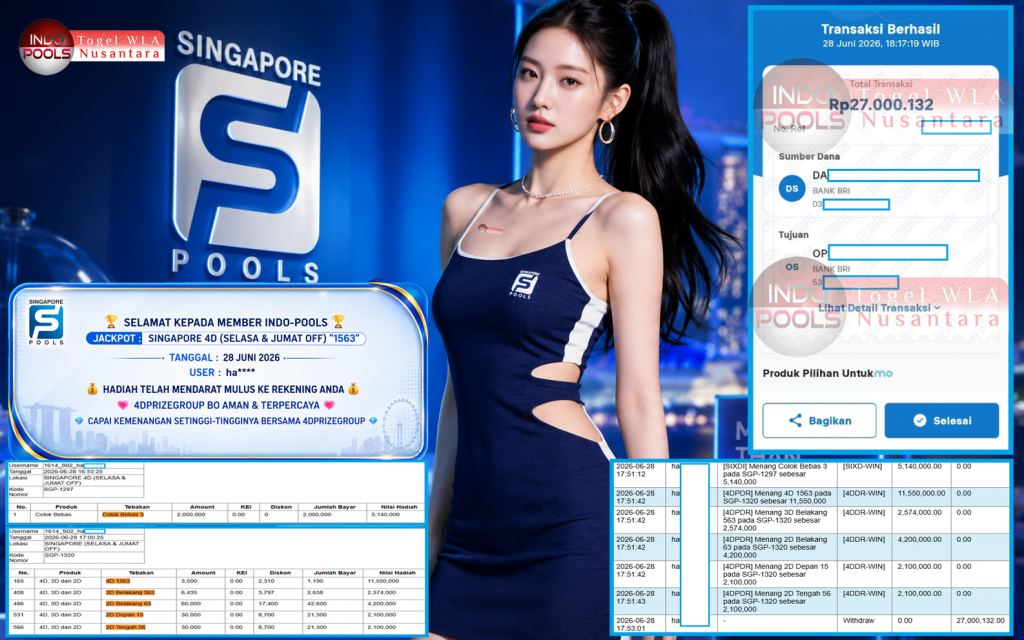 INDO-POOLS JACKPOT SINGAPORE 4D (SELASA & JUMAT OFF) “1563”‎‏‏‎ Rp27.000.132,- LUNAS