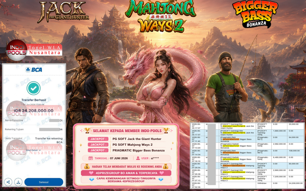 INDO-POOLS JACKPOT PGSOFT βJack the Giant Hunter & Mahjong Ways 2β, PRAGMATIC βββββBigger Bass Bonanzaβ ββββββββRp24.208.000,- LUNAS