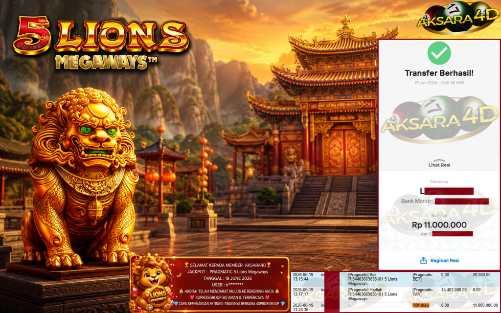 AKSARA4D JACKPOT PRAGMATIC ” 5 Lions Megaways ” Rp 11,000,000,- LUNAS