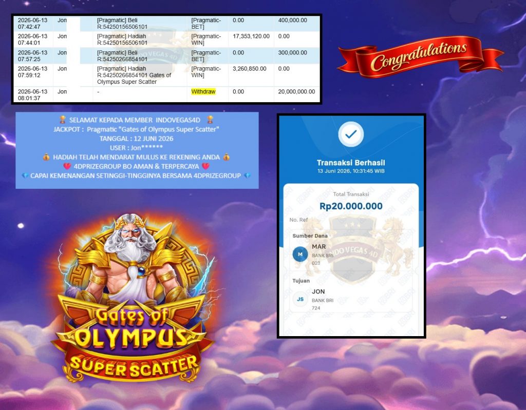 INDOVEGAS4D JACKPOT Pragmatic βGates of Olympus Super Scatterβ Rp20.000.000,- LUNAS