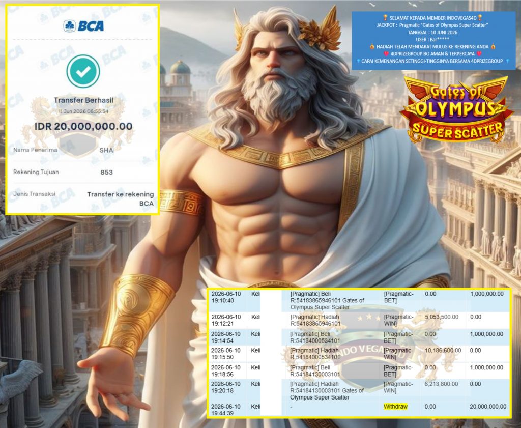 INDOVEGAS4D JACKPOT Pragmatic “Gates of Olympus Super Scatter” Rp20.000.000,- LUNAS