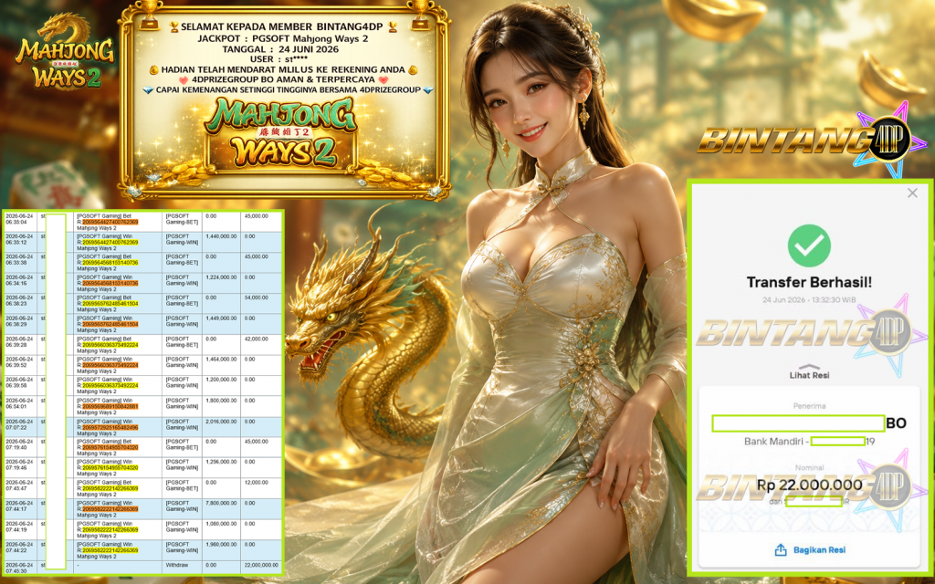 BINTANG4DP JACKPOT PGSOFT “Mahjong Ways 2″ Rp22.000.000,- LUNAS