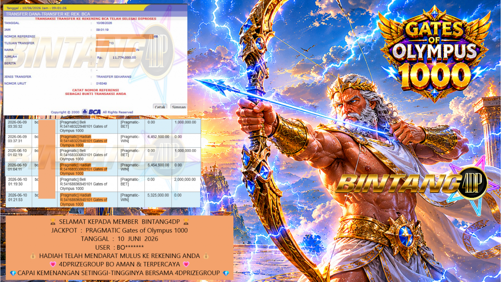 BINTANG4DP JACKPOT PRAGMATIC “Gates of Olympus 1000” Rp11.774.000,- LUNAS