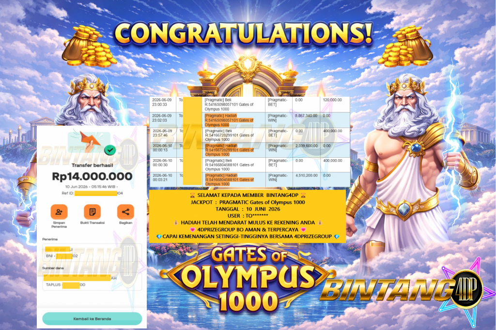 BINTANG4DP JACKPOT PRAGMATIC “Gates of Olympus 1000” Rp14.000.000,- LUNAS