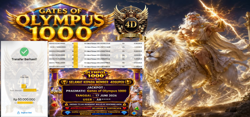 4DSUPER JACKPOT PRAGMATIC “Gates of Olympus 1000” Rp50.000.000,- LUNAS