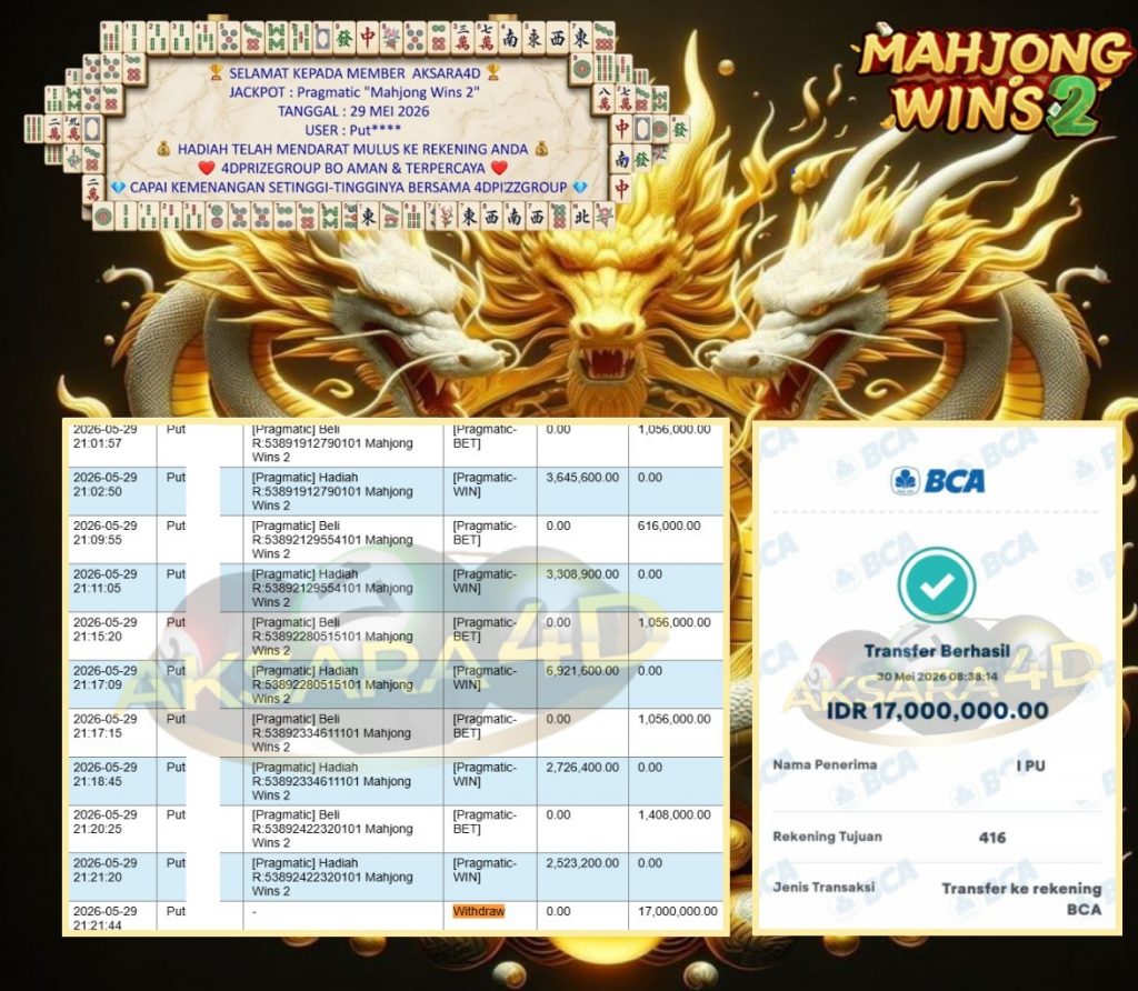 AKSARA4D JACKPOT PRAGMATIC “Mahjong Wins 2″‎‏‏‎‎ Rp17.000.000,- LUNAS