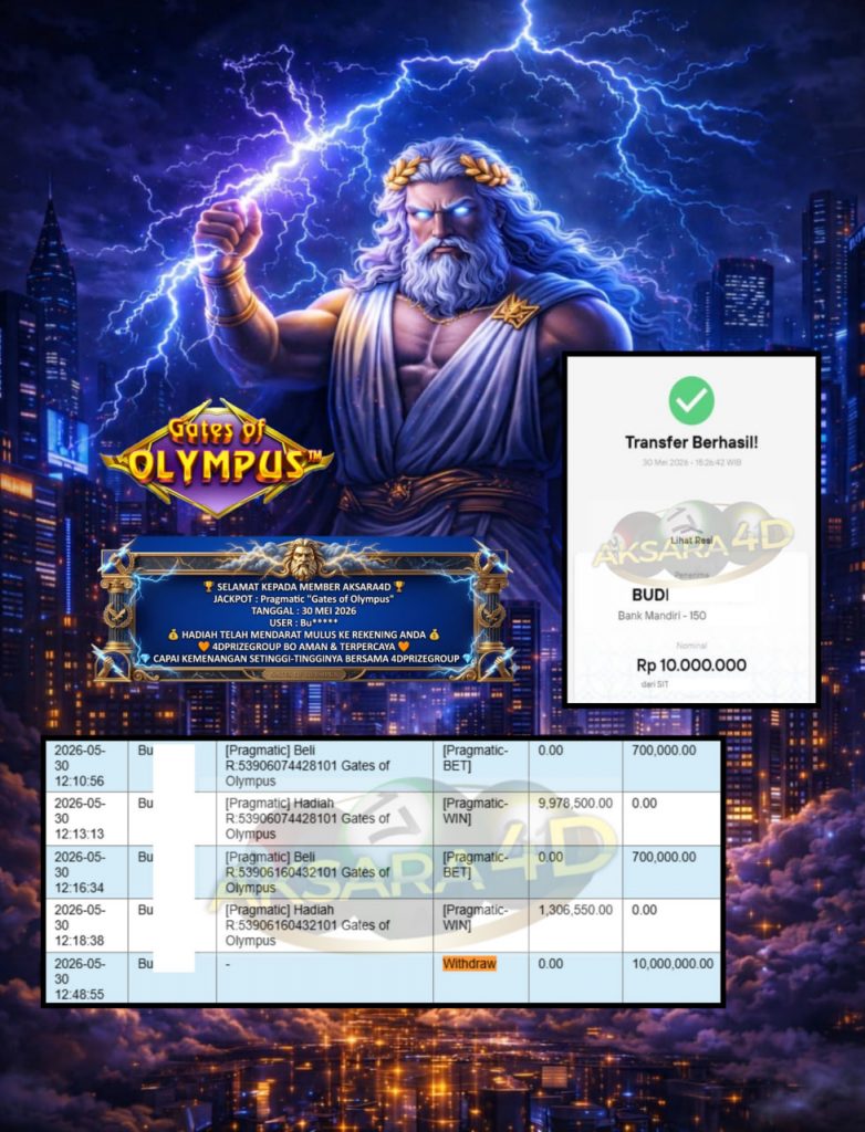 AKSARA4D JACKPOT PRAGMATIC “Gates of Olympus “‎‏‏‎‎ Rp10.000.000,- LUNAS