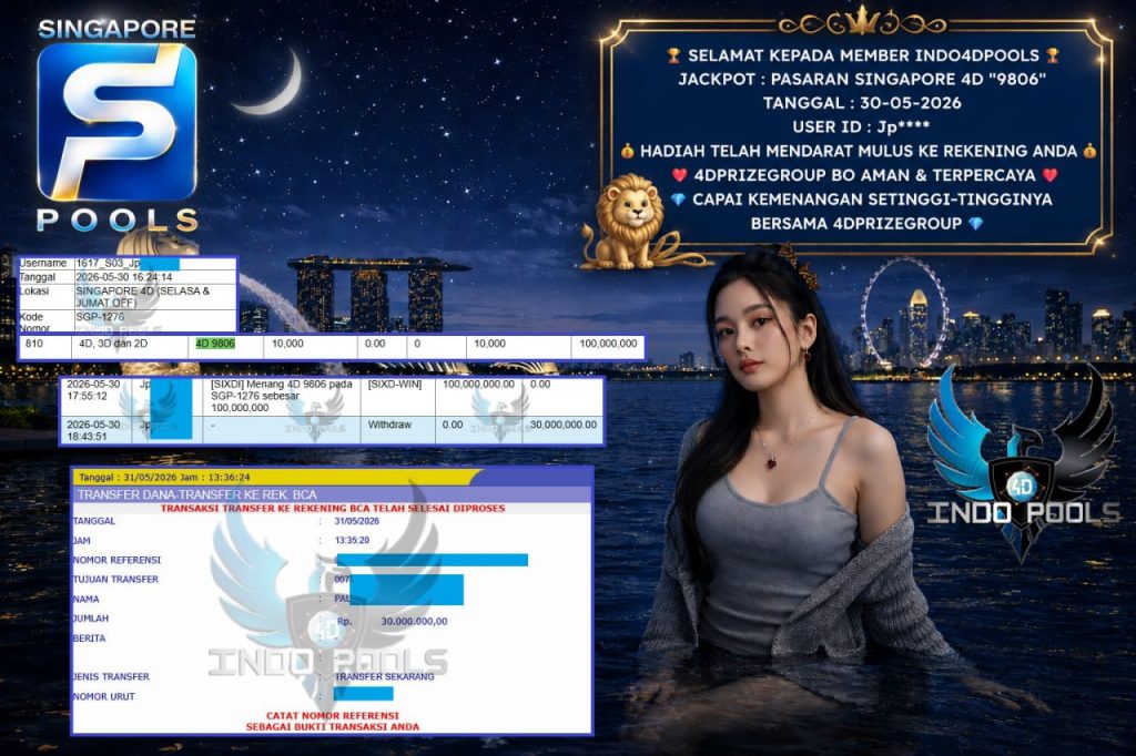 INDO4DPOOLS JACKPOT PASARAN SINGAPORE 4D “9806” Rp30.000.000,- LUNAS