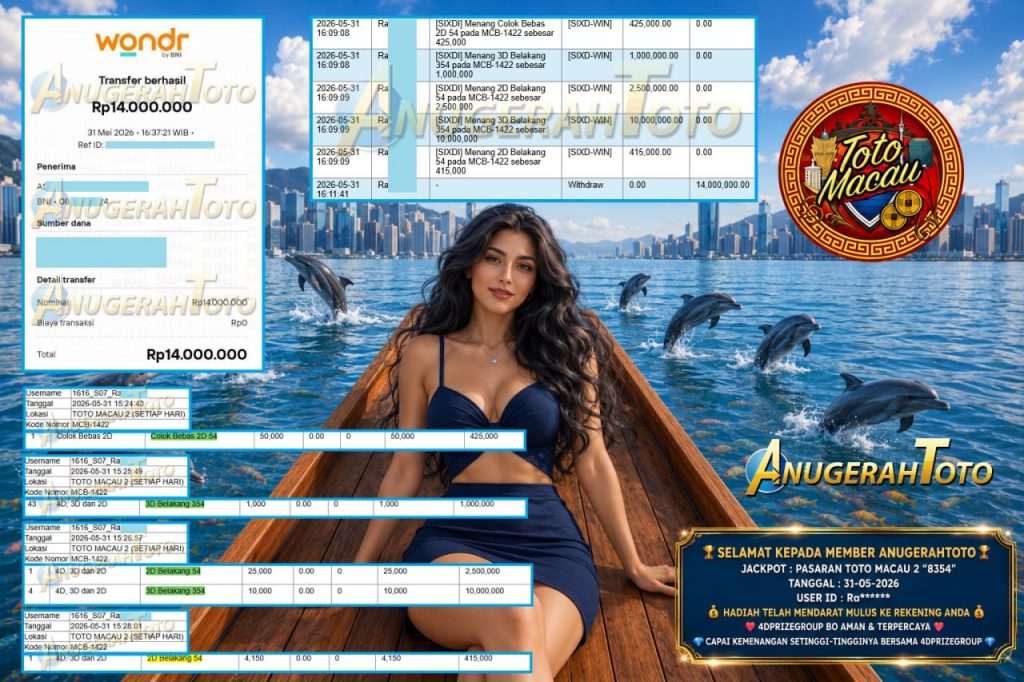 ANUGERAHTOTO JACKPOT PASARAN TOTO MACAU 2 “8354” Rp14.000.000,- LUNAS
