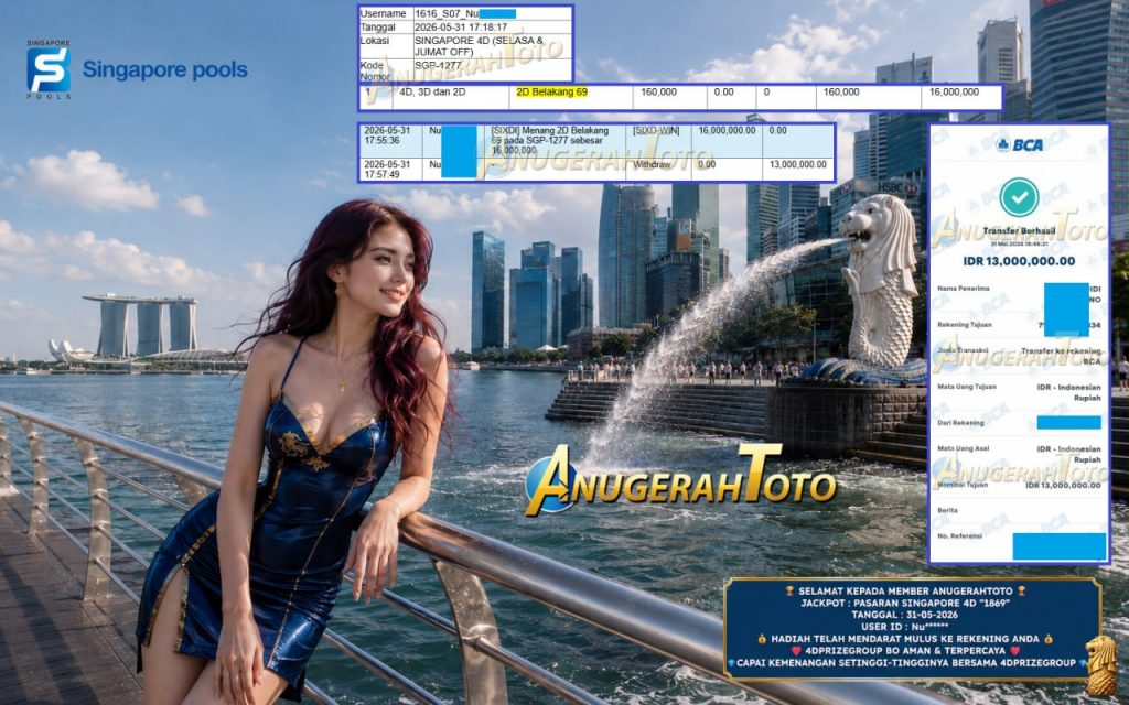 ANUGERAHTOTO JACKPOT PASARAN SINGAPORE 4D “1869” Rp13.000.000,- LUNAS