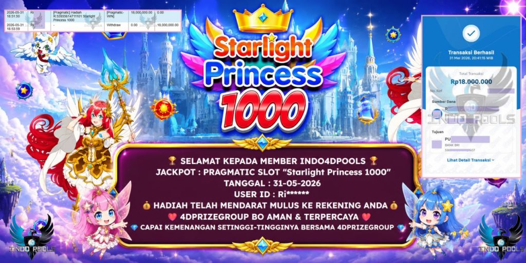 INDO4DPOOLS JACKPOT PRAGMATIC SLOT “Starlight Princess 1000” Rp18.000.000,- LUNAS