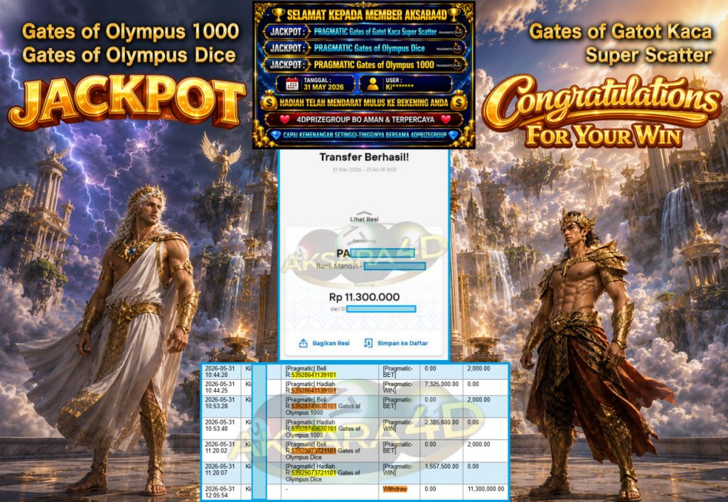 AKSARA4D JACKPOT PRAGMATIC ” Gates of Gatot Kaca Super Scatter ” Gates of Olympus 1000 ” Gates of Olympus Dice ” Rp 11,300,000,- LUNAS