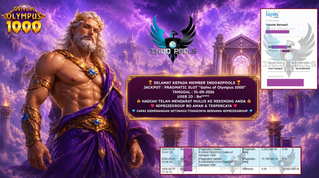 INDO4DPOOLS JACKPOT PRAGMATIC SLOT “Gates of Olympus 1000” Rp13.000.000,- LUNAS