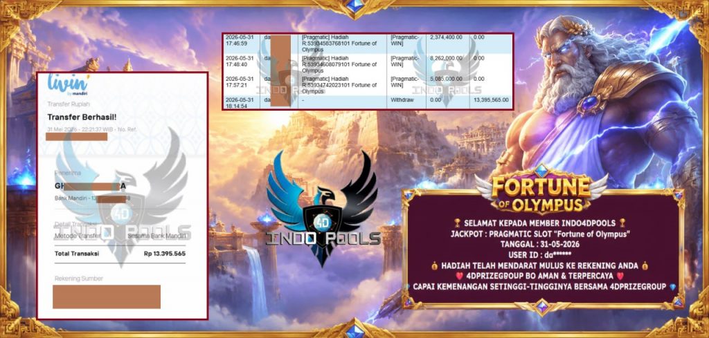 INDO4DPOOLS JACKPOT PRAGMATIC SLOT “Fortune of Olympus” Rp13.395.565,- LUNAS