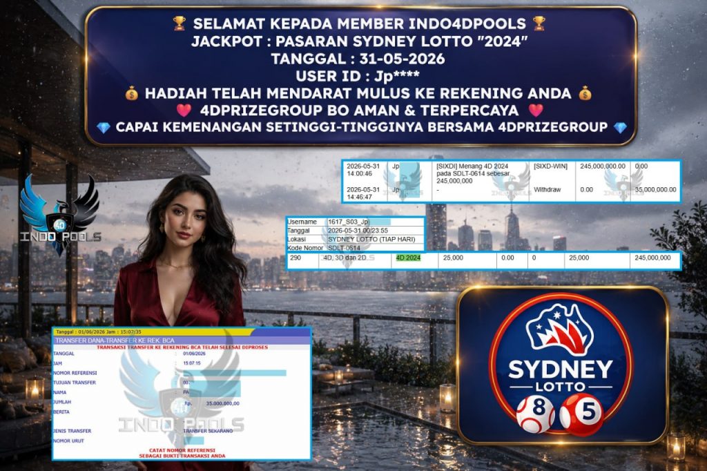 INDO4DPOOLS JACKPOT PASARAN SYDNEY LOTTO “2024” Rp35.000.000,- LUNAS