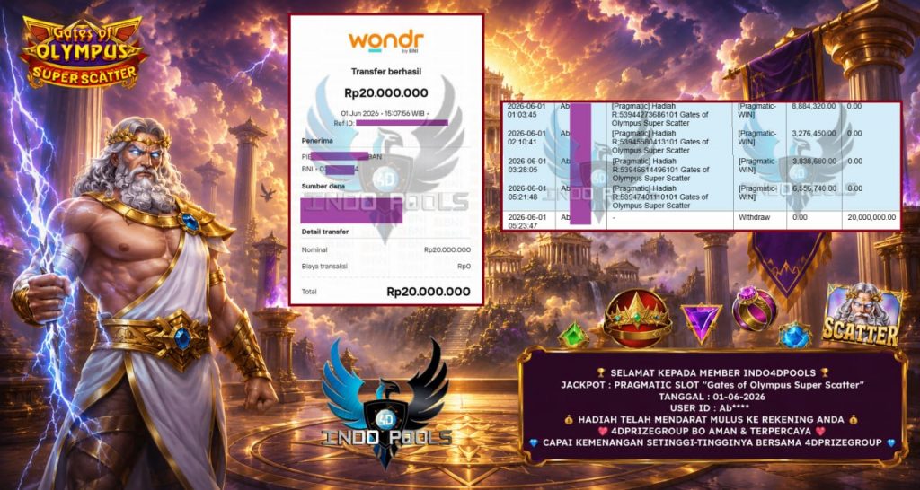 INDO4DPOOLS JACKPOT PRAGMATIC SLOT “Gates of Olympus Super Scatter” Rp20.000.000,- LUNAS