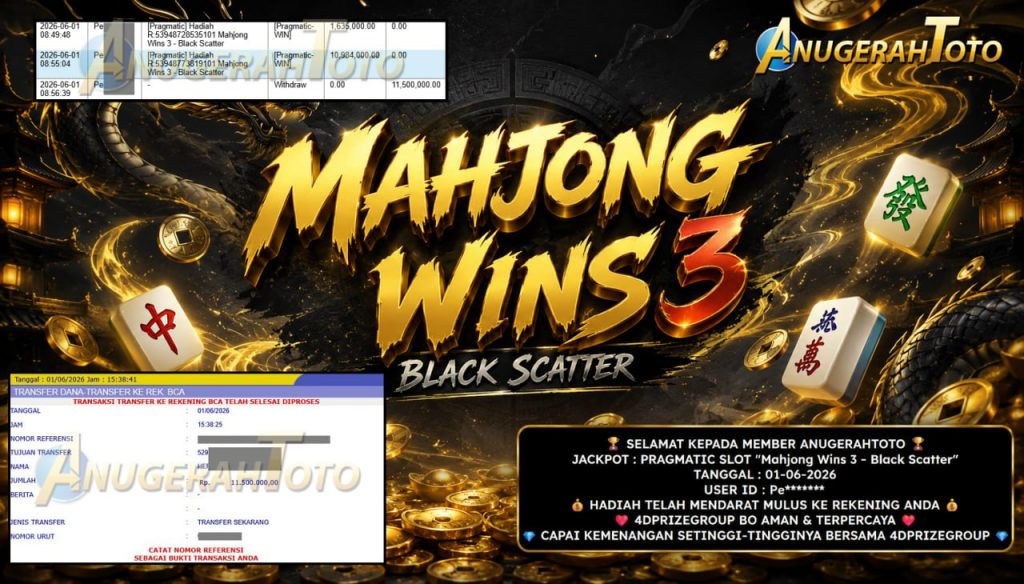 ANUGERAHTOTO JACKPOT PRAGMATIC SLOT “Mahjong Wins 3 – Black Scatter” Rp11.500.000,- LUNAS