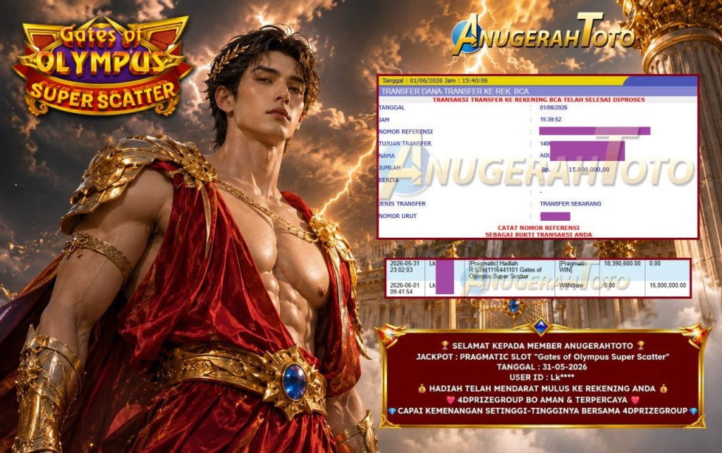 ANUGERAHTOTO JACKPOT PRAGMATIC SLOT “Gates of Olympus Super Scatter” Rp15.000.000,- LUNAS