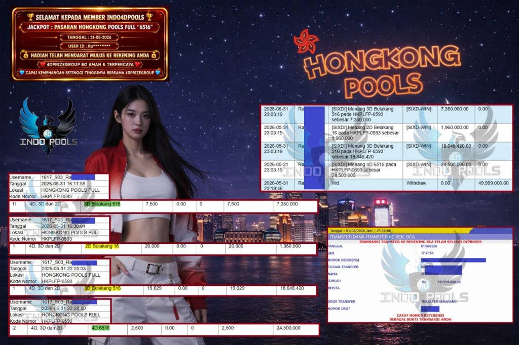 INDO4DPOOLS JACKPOT PASARAN HONGKONG POOLS FULL “6516” Rp49.999.000,- LUNAS
