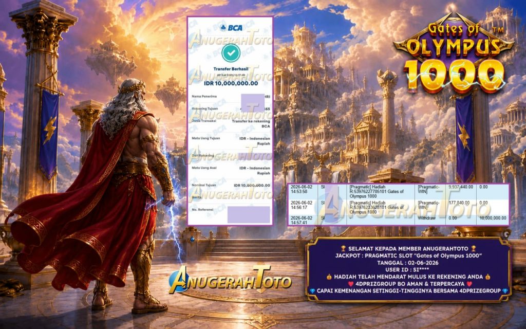 ANUGERAHTOTO JACKPOT PRAGMATIC SLOT “Gates of Olympus 1000” Rp10.000.000,- LUNAS