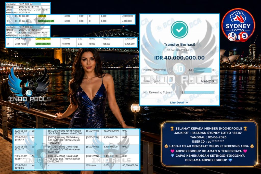 INDO4DPOOLS JACKPOT SYDNEY LOTTO “8516” Rp58.000.000,- LUNAS