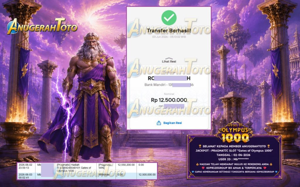 ANUGERAHTOTO JACKPOT PRAGMATIC SLOT “Gates of Olympus 1000” Rp12.500.000,- LUNAS