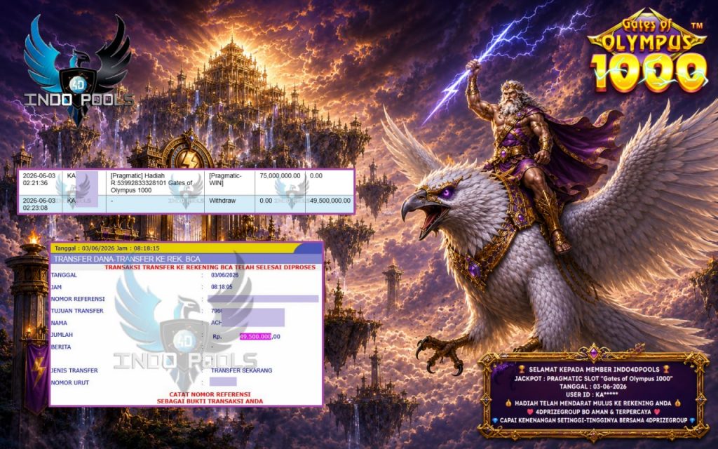 INDO4DPOOLS JACKPOT PRAGMATIC SLOT “Gates of Olympus 1000” Rp74.200.000,- LUNAS