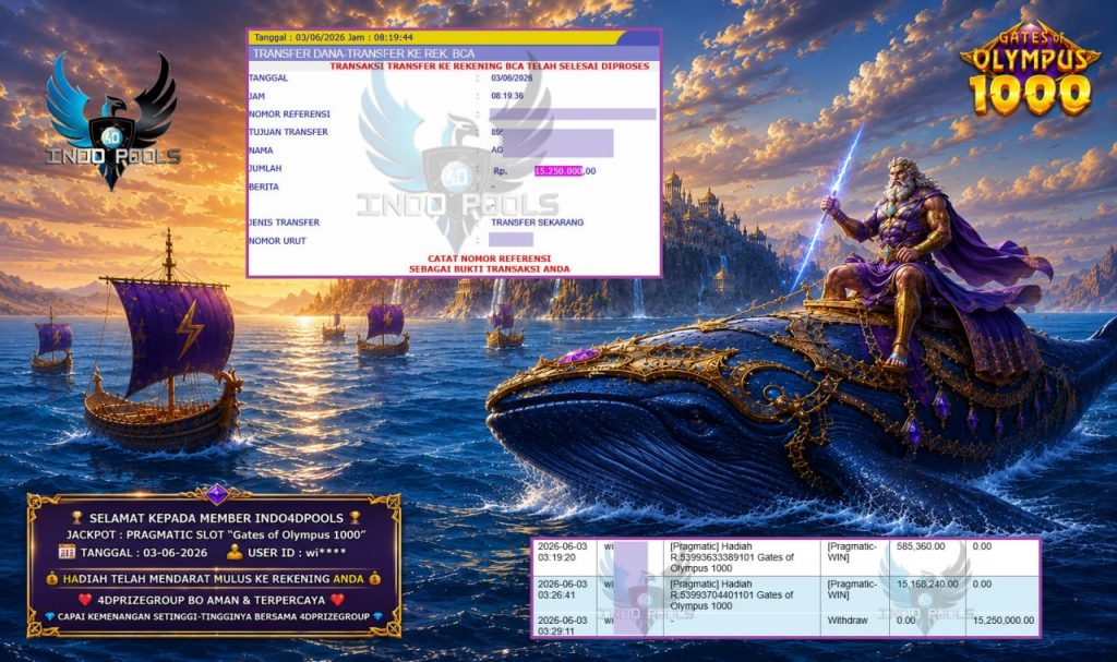 INDO4DPOOLS JACKPOT PRAGMATIC SLOT “Gates of Olympus 1000” Rp15.250.000,- LUNAS