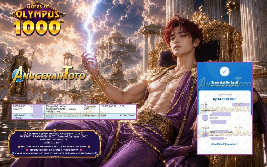 ANUGERAHTOTO JACKPOT PRAGMATIC SLOT “Gates of Olympus 1000” Rp14.500.000,- LUNAS