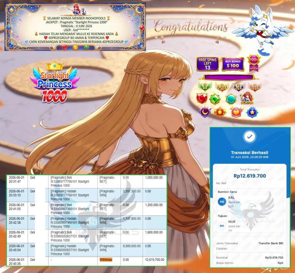 INDO4DPOOLS JACKPOT Pragmatic “Starlight Princess 1000” 12,619,700,- LUNAS