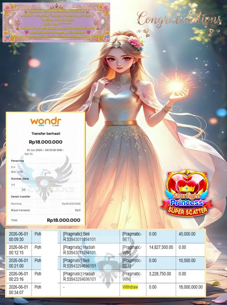 INDO4DPOOLS JACKPOT Pragmatic “Starlight Princess Super Scatter” 18,000,000,- LUNAS