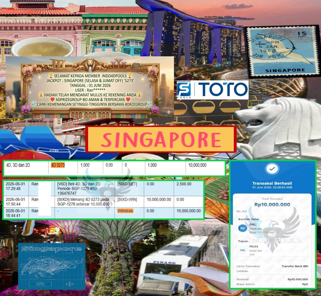 INDO4DPOOLS JACKPOT SINGAPORE (SELASA & JUMAT OFF) “5273” 10,000,000,- LUNAS