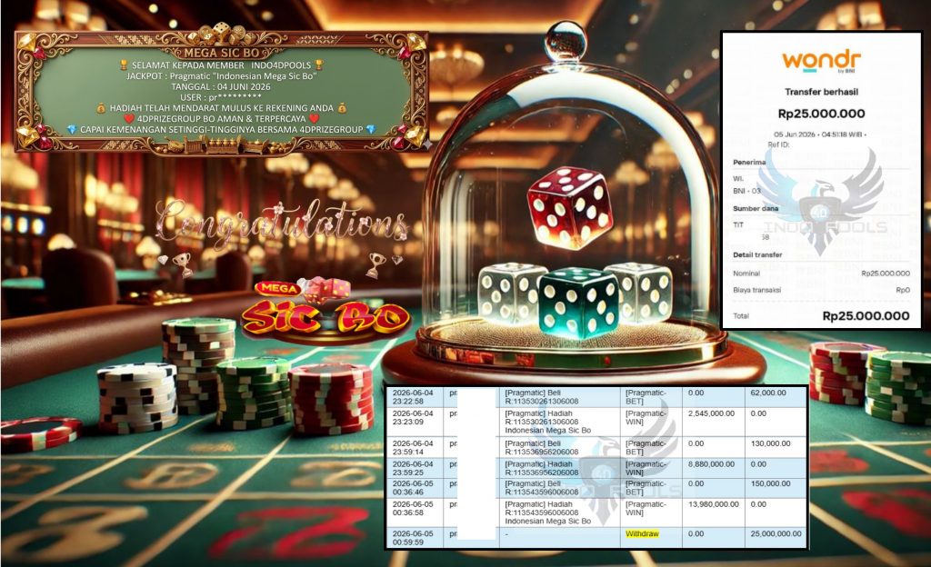 INDO4DPOOLS JACKPOT Pragmatic “Indonesian Mega Sic Bo” Rp25.000.000,- LUNAS