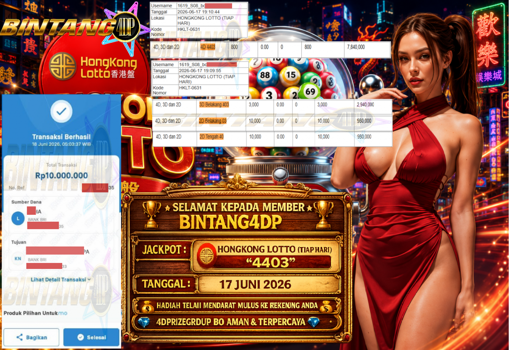 BINTANG4DP JACKPOT TOGEL HONGKONG LOTTO (TIAP HARI) “4403” Rp10.000.000,- LUNAS