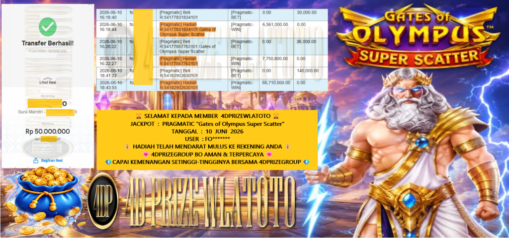 4DPRIZEWLATOTO JACKPOT Pragmatic โGates of Olympus Super Scatterโ Rp50.000.000,- LUNAS