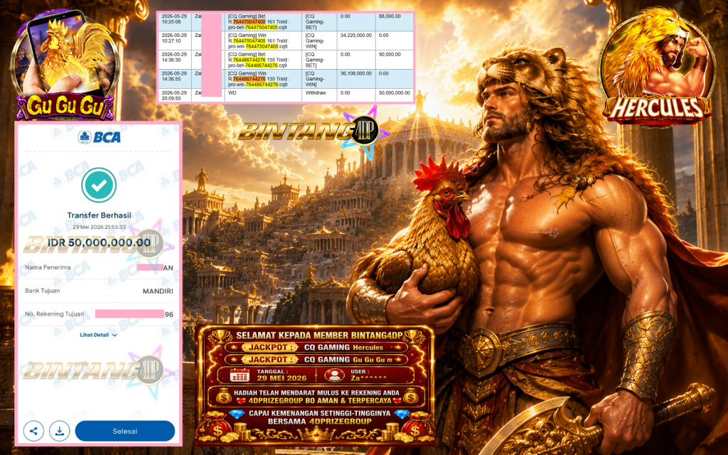 BINTANG4DP JACKPOT CQ GAMING “Hercules” & CQ GAMING “Gu Gu Gu m” Rp50.000.000,- LUNAS