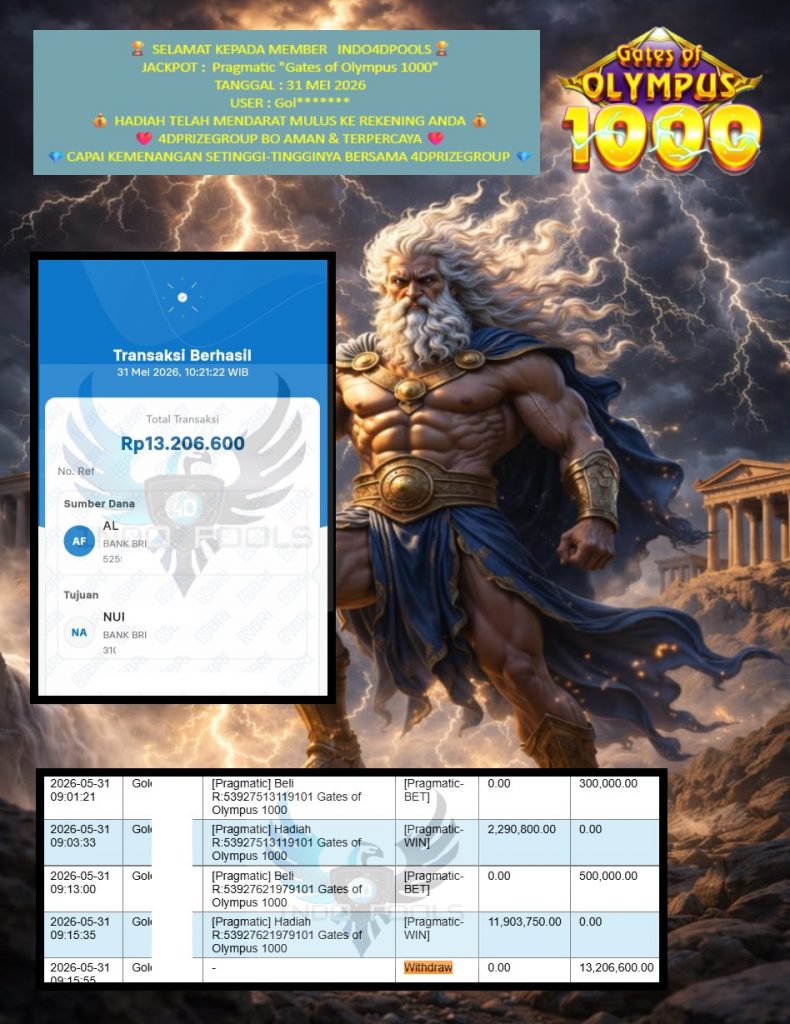 INDO4DPOOLS JACKPOT Pragmatic “Gates of Olympus 1000” Rp13.206.600,- LUNAS