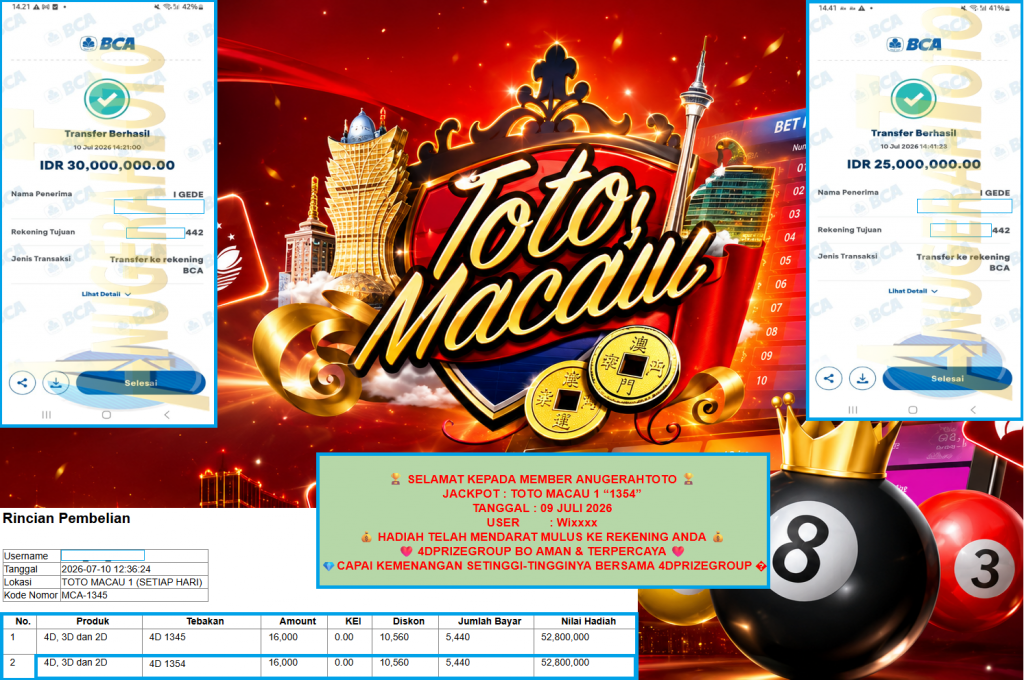 ANUGERAHTOTO JACKPOT TOTO MACAU 1 “1354” Rp55.000.000,- LUNAS
