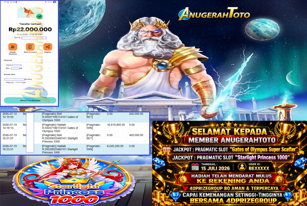 ANUGERAHTOTO JACKPOT PRAGMATIC “Gates of Olympus 1000” & “Starlight Princess 1000″‎‏‏‎‎ Rp22.000.000,- LUNAS