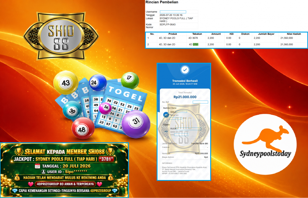 SHIO88 JACKPOT PASARAN SYDNEY POOLS (TIAP HARI) “3781” Rp 21.000.000,- LUNAS