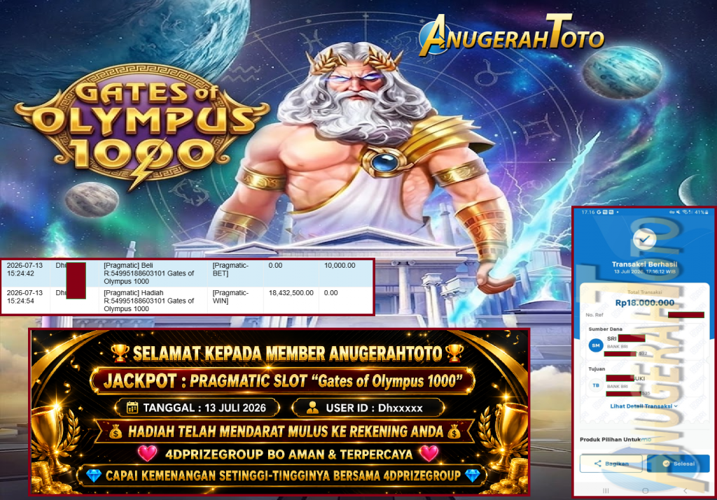 ANUGERAHTOTO JACKPOT PRAGMATIC Gaming ” Gates of Olympus 1000“ Rp 18.000.000 ,- LUNAS