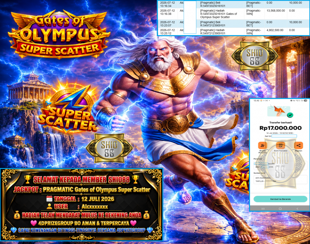 SHIO88 JACKPOT PRAGMATIC Gaming ”Gates of Olympus Super Scatter“‎‎‏‏ ‎‎‏‏‎‎‏‏ Rp 17.000.000 ,- LUNAS