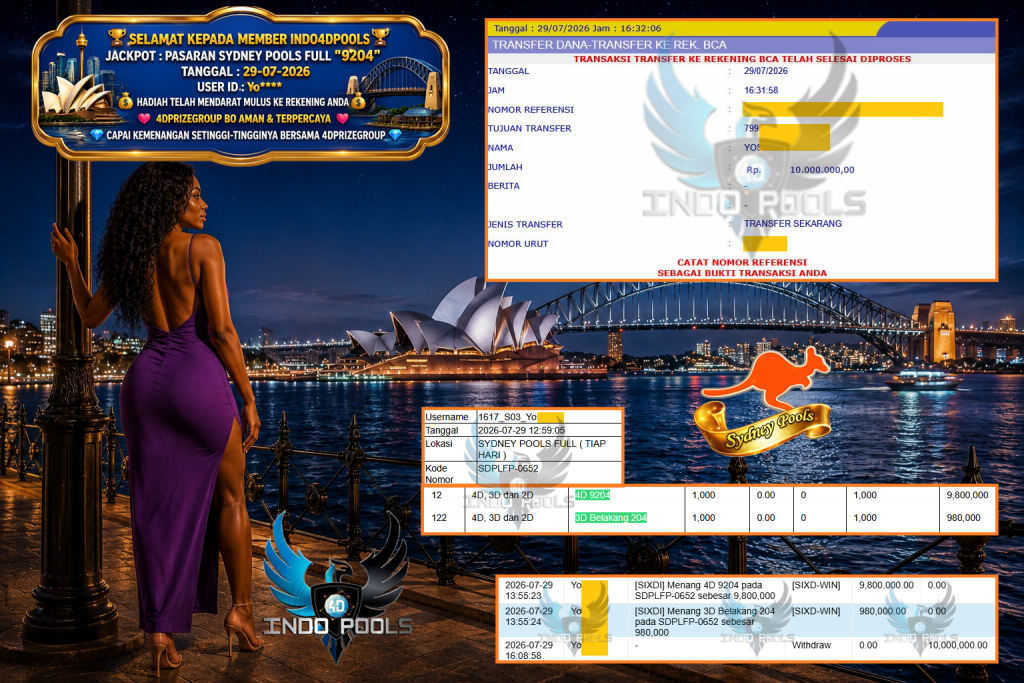 INDO4DPOOLS JACKPOT PASARAN SYDNEY POOLS FULL “9204” Rp 10.000.000,- LUNAS