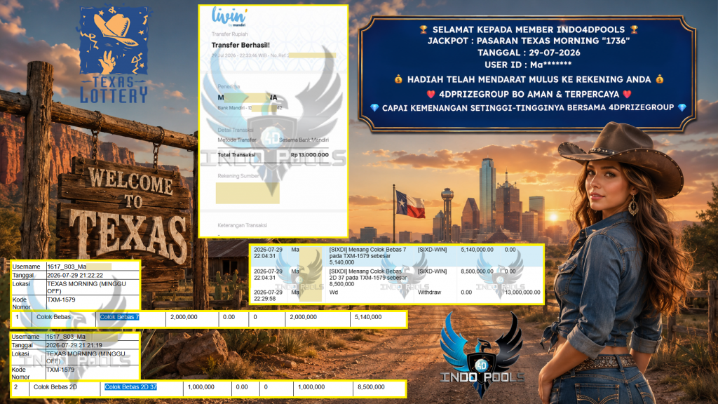 INDO4DPOOLS JACKPOT PASARAN TEXAS MORNING “1736” Rp 13.000.000,- LUNAS